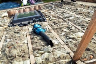 Outil de découpe posé sur une terrasse pendant le chantier