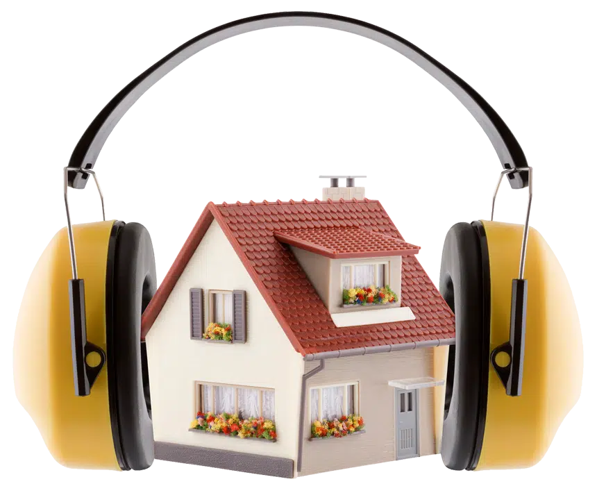 isolation-phonique-couvreur-naveri Maison miniature coiffée d'un casque audio évoquant l'isolation phonique
