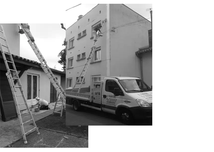 renovation--facades_facadier-toulouse-Naveri-31 Camionnette et échelle devant un immeuble en travaux