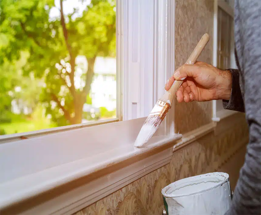Application de peinture au pinceau sur un encadrement de fenêtre