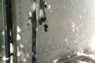 Mur clair sali au pied d'une descente d'eau