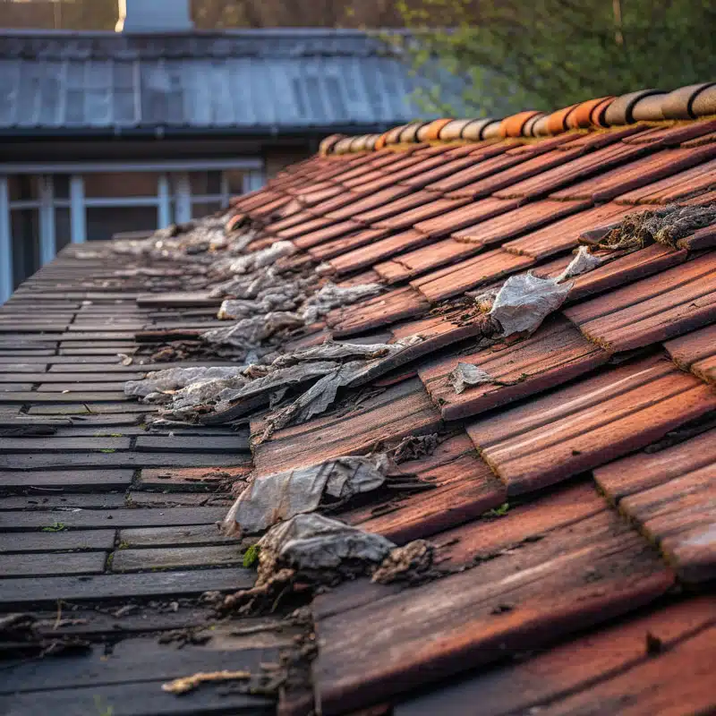 Tuiles cassées et débris accumulés sur une toiture